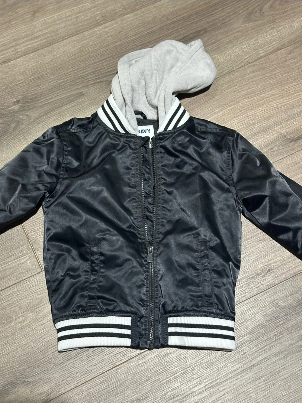 Old Navy Black Jacket with White Hood and Striped Collar